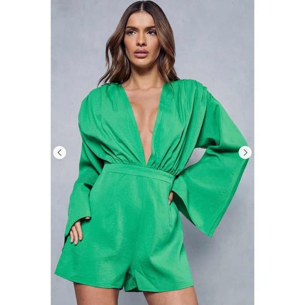 NEW MissPap Plunge Front Romper 6 Green Tie Back Playsuit Linen Look Glam